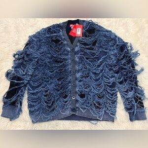 Diesel Blue Distressed Openwork Button-Up Cardigan